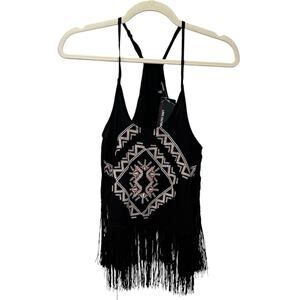 New‎ Embroidered Fringe Cami Top Womens Small Sleeveless Black Hippie Festival
